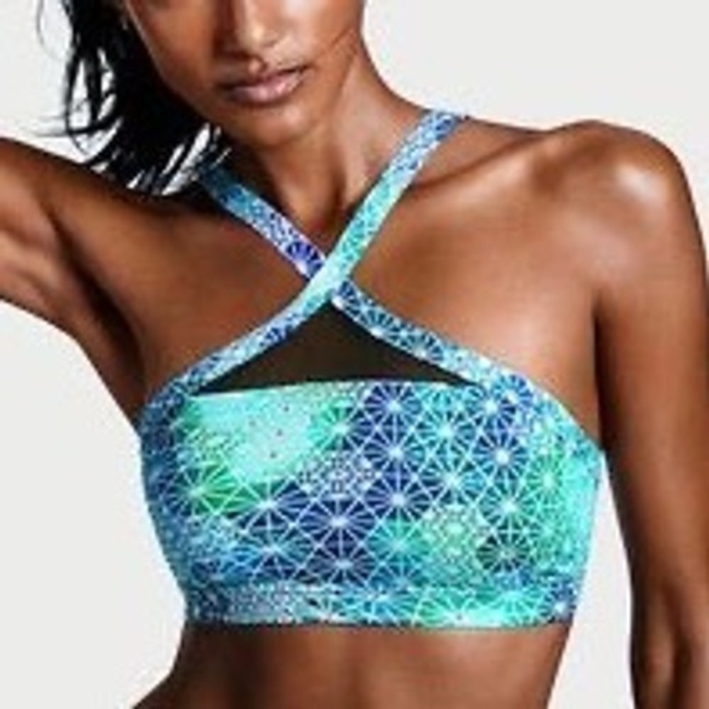 Victoria Sport Sports Bra Womens Medium Green Blue Geometric Strappy Mesh NWT